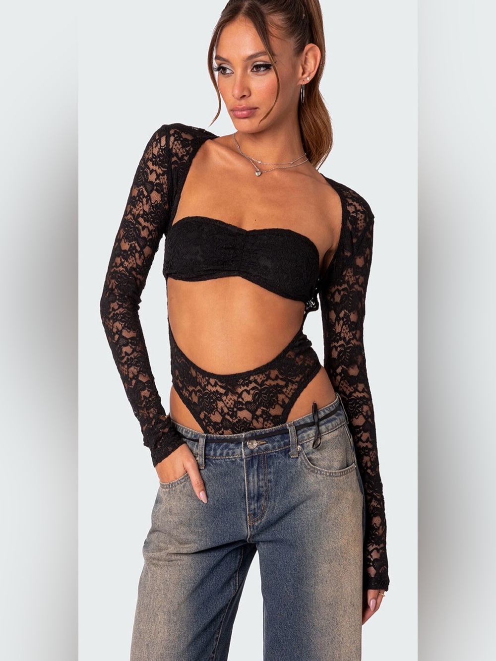 Edikted Zoey Sheer Lace Two Piece Bodysuit size XL